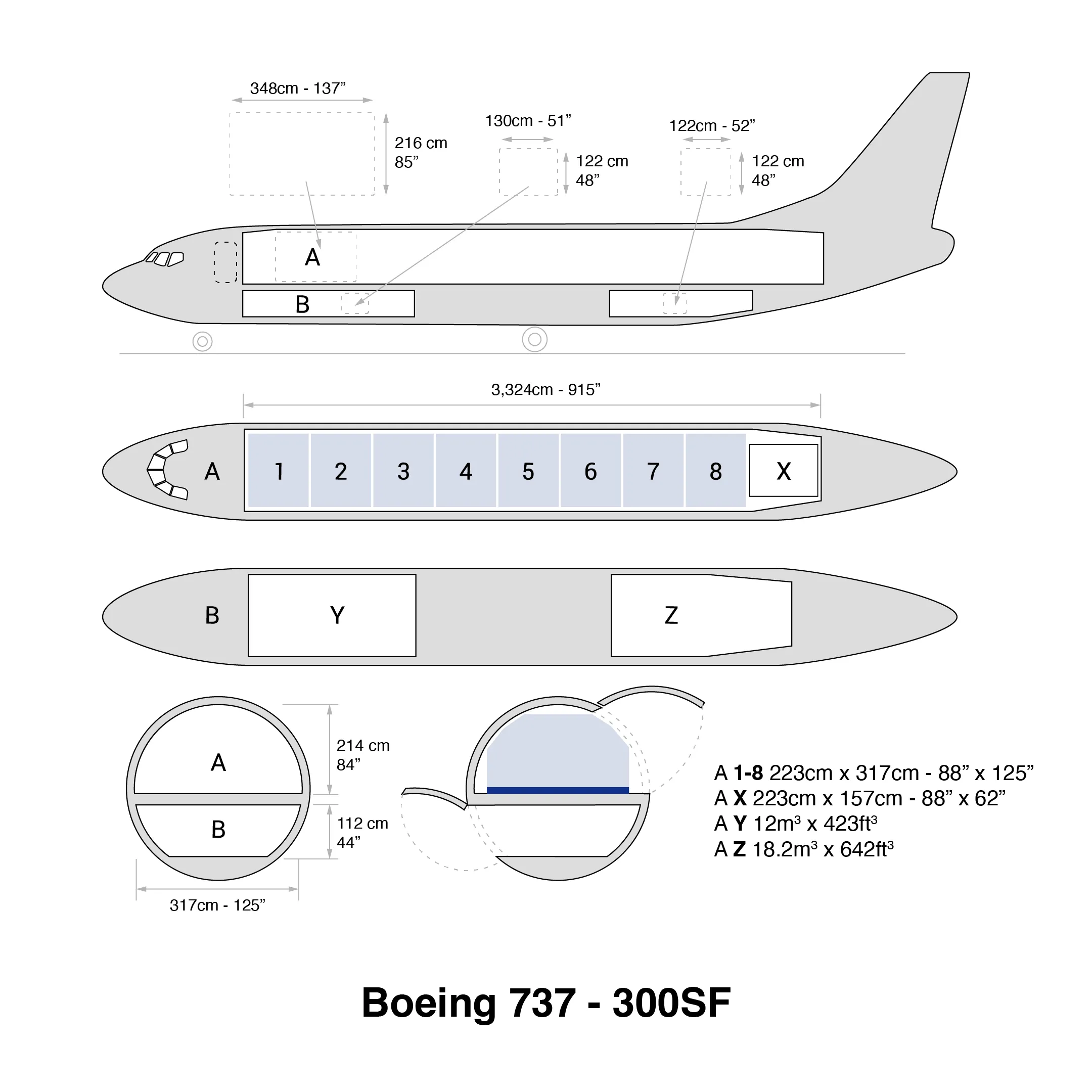 Ficha técnica de la configuración de un Boeing 737 - 300 SF.